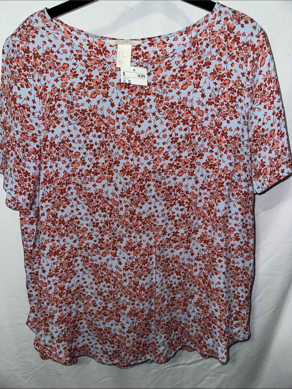 H&M Light Blue Short-Sleeve Shirt with Red Floral Print